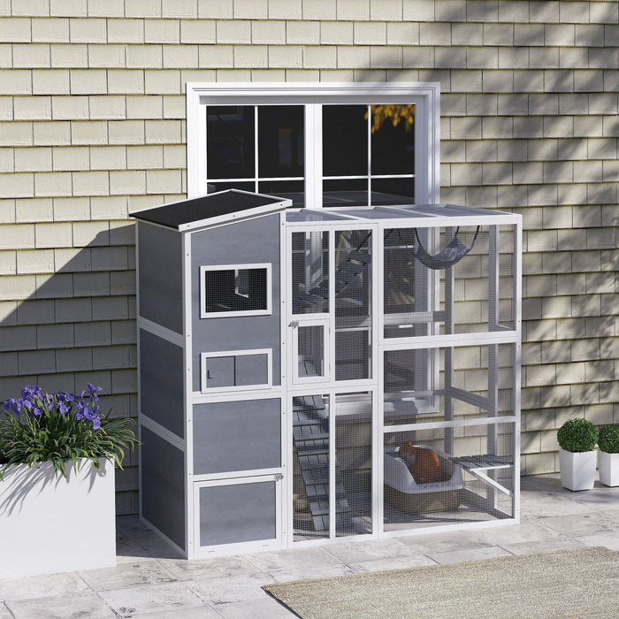 Pawhut Catio Outdoor Cat Enclosure, 76\" L Large Weatherproof Cat House With Cat Condo, Jumping Platf