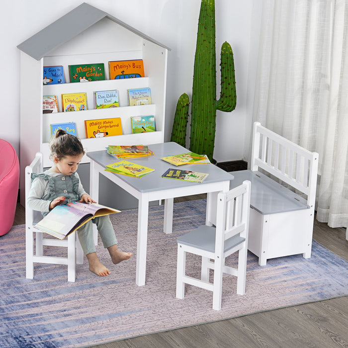 Qaba 4-piece Set Kids Wood Table Chair Bench With Storage Function Easy To Clean Gift For Girls Boys