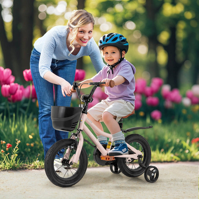 Costway 12" Kid's Bike With Training Wheels Adjustable Handlebar & Seat Handbrake Pink