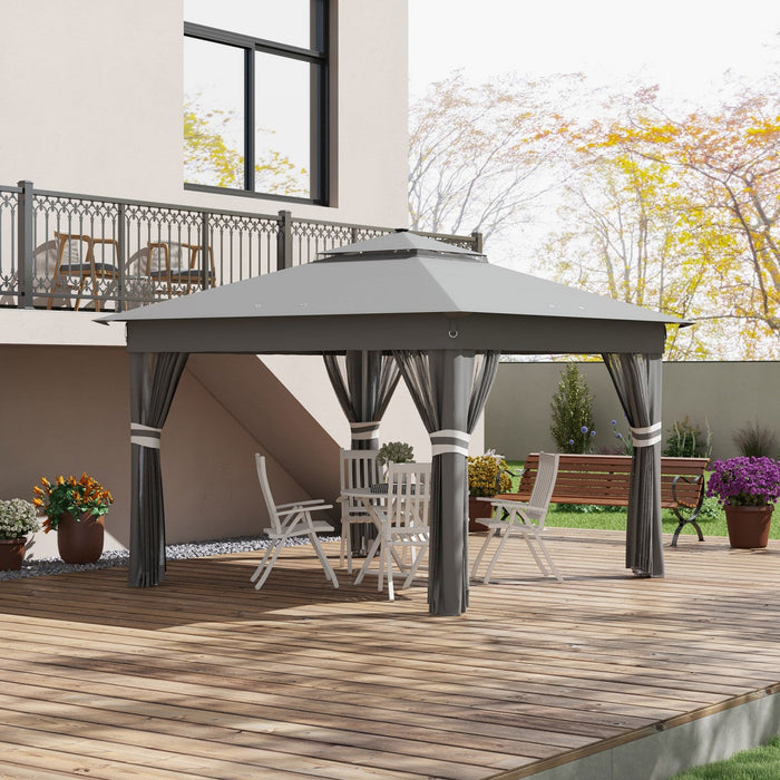 Outsunny 11x11ft Pop Up Canopy Tent With Curtains, Netting, 20 Solar-powered LED Lights, Roller Bag,