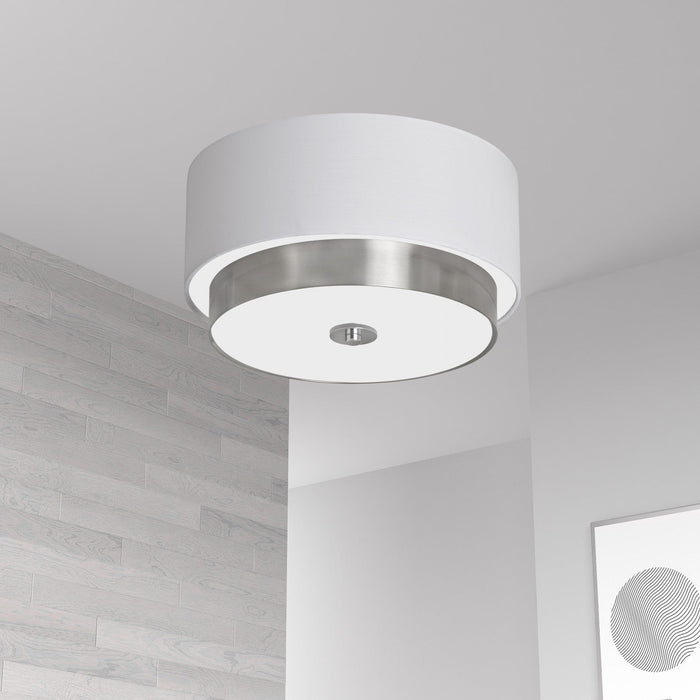 Dainolite Larkin 3 Light Flush Mount Satin Chrome Finish White Fabric Shade Frosted Glass Diffuser Lamp