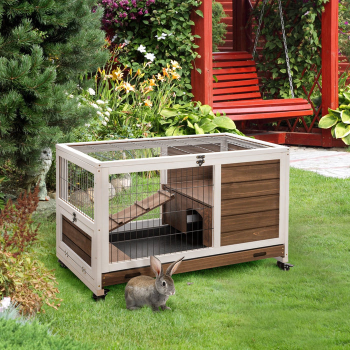 Pawhut Wooden Indoor Rabbit Hutch Elevated Bunny Cage Habitat With Enclosed Run With Wheels, Suitabl