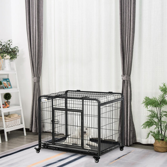 Pawhut Folding Heavy Duty Dog Crate Heavy Duty Cage For Medium Sized Dogs With Double Doors, Lockabl