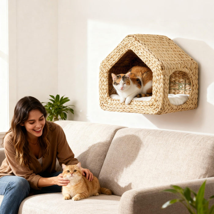 PawHut Cat Wall Shelf, Wall Mounted Cat House with Washable Cushion, Kitty Shelf Furniture for Indoor Kittens, for Resting and Lounging, Natural