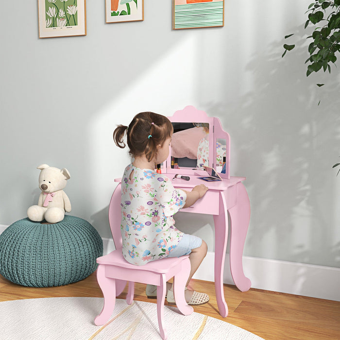Qaba Kids Vanity Table And Stool, Makeup Vanity Girls Dressing Table Set With Tri-folding Mirrors Dr