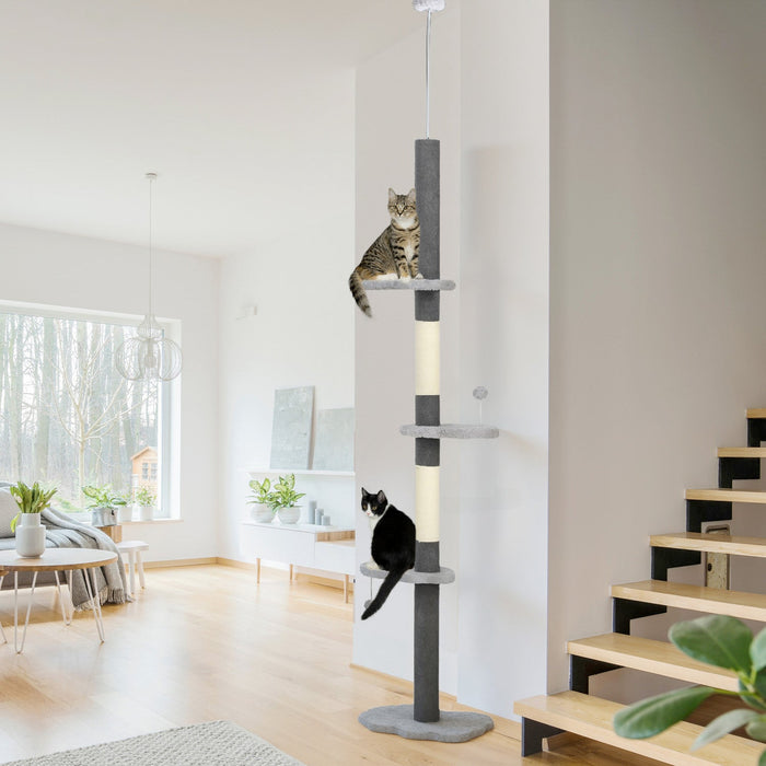 PawHut Floor to Ceiling Cat Tree with Scratching Posts, 88.5"-100.5" Adjustable Height Cat Tower with Cloud Shaped Platforms, Dangling Balls, Grey
