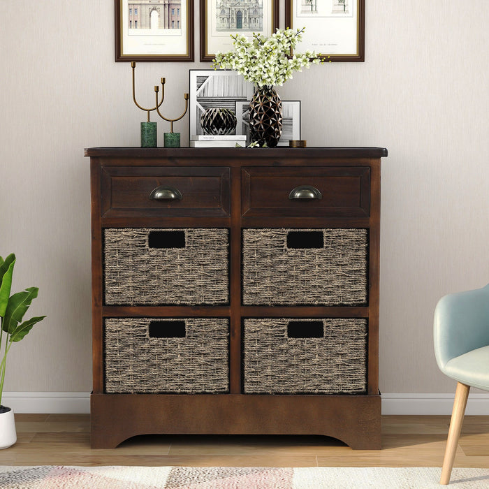 Tobey Solid Wood Storage Cabinet With 2 Drawers And 4 Rattan Baskets,espresso Accent Cabinet 