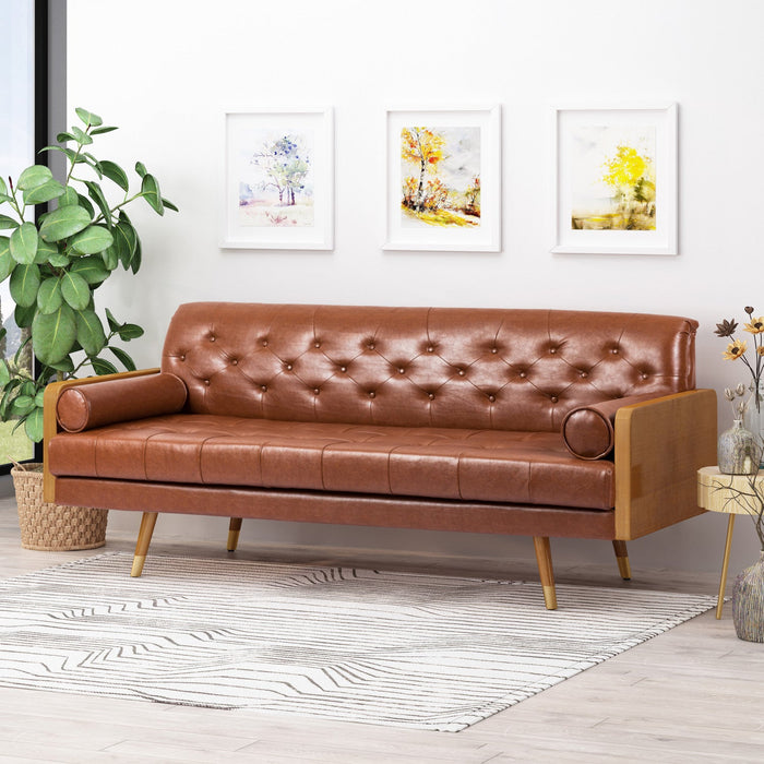 Aidan 3-seater Tufted Pu Leather Sofa With Rolled Pillows - Light Brown 
