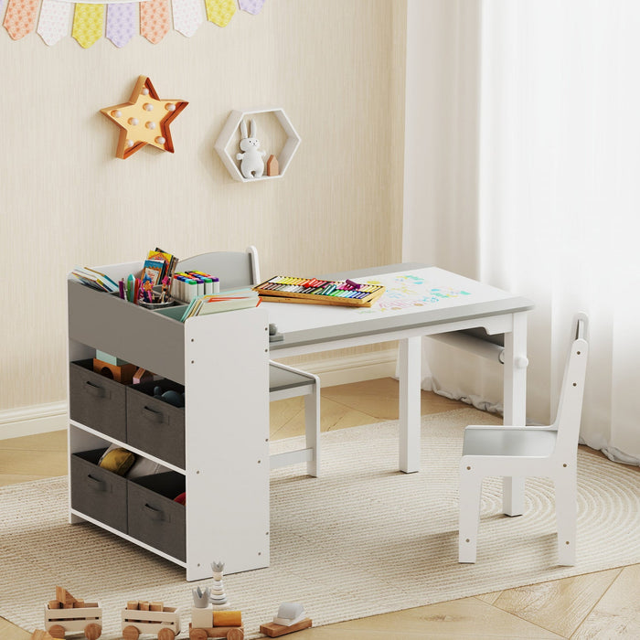 Qaba Kids Table And Chair Set With Paper Roll, Toddler Table And Chair Set With Storage Shelves And Drawers, Art Craft Table For Drawing Writing Aged 3-8 Years, Grey
