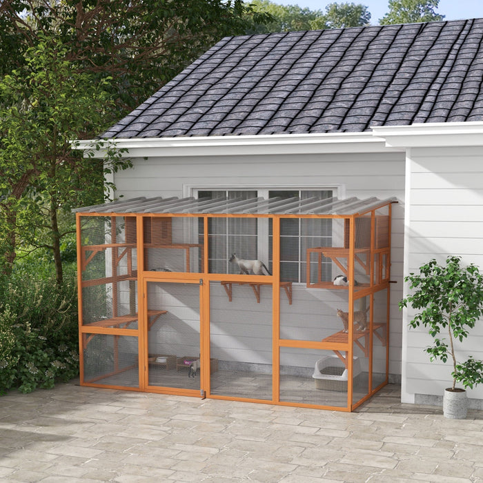 PawHut Catio Outdoor Cat Enclosure, 76"Large Wooden Outdoor Cat House with Condos, Jumping Platforms, Scratching Posts, Waterproof Roof, Walk-in Kitty Cage for 1–5 Kittens, Orange