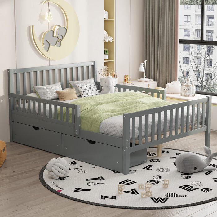 Emma Wood Platform Bed with Guardrails and Storage Drawers,Full Size - Grey 
