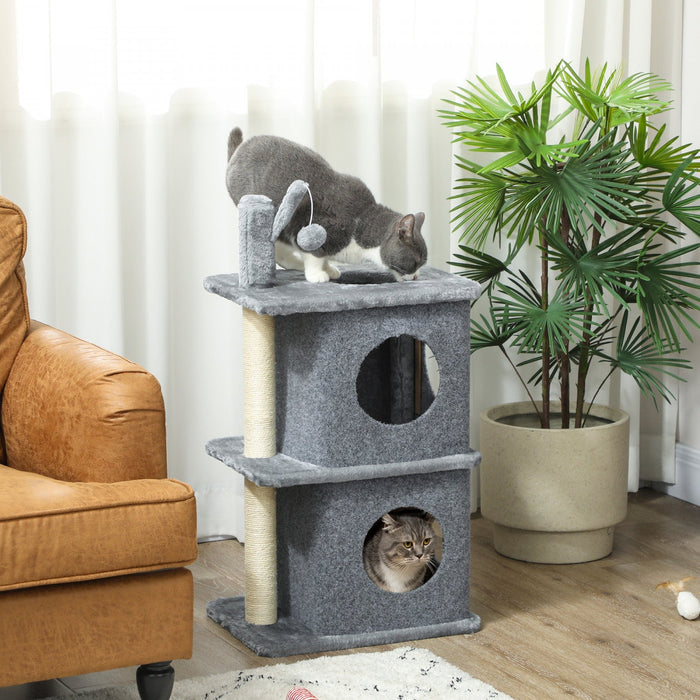 Pawhut Cat Tree, 31.5" Multi-level Cat Tower For Indoor Kittens With 2 Door Condos, Removable Toy Ball, Sisal Scratching Posts, Plush Platform, For 1-2 Kittens, Grey