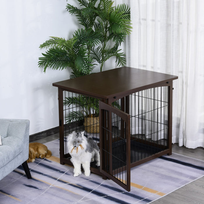 Pawhut Wooden Decorative Dog Cage Pet Crate Fence Side Table Small Animal House With Tabletop, Locka