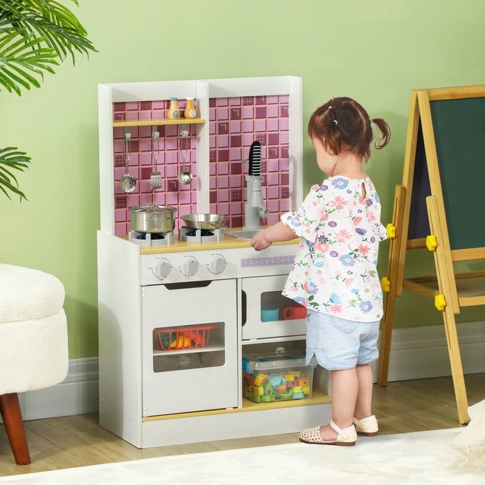 Qaba Play Kitchen, Kids Kitchen Playset With Realistic Lights & Sounds, Sink, Oven, Stove, Pretend P