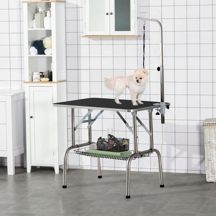 Pawhut Dog Grooming Table With Adjustable Grooming Arm, Pet Grooming Table For Dogs With Storage She