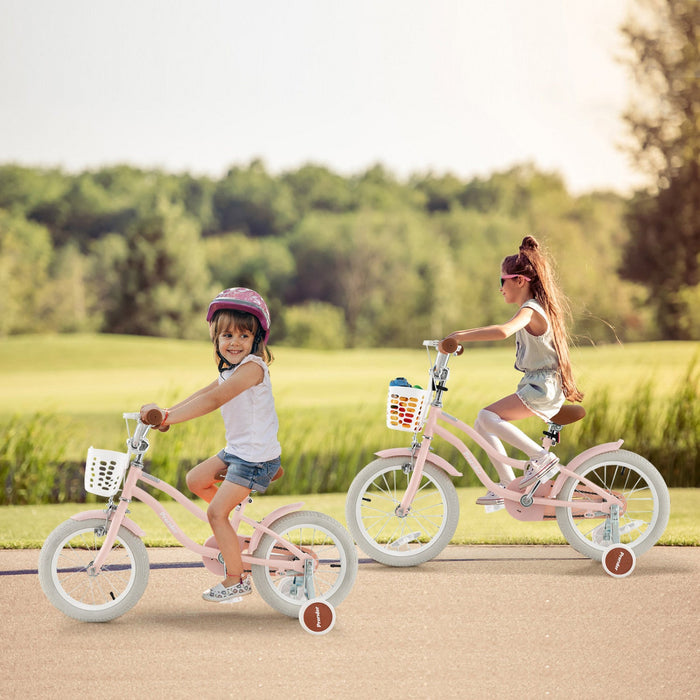 Costway 14" Kid's Bike With Removable Training Wheels & Basket For 3-5 Years Old Pink
