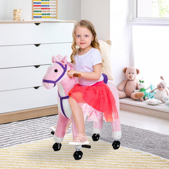 Qaba Kids Rocking Horse, Large Walking Ride On Toy For Toddlers 3 Year Old, Baby Plush Animal Rocker