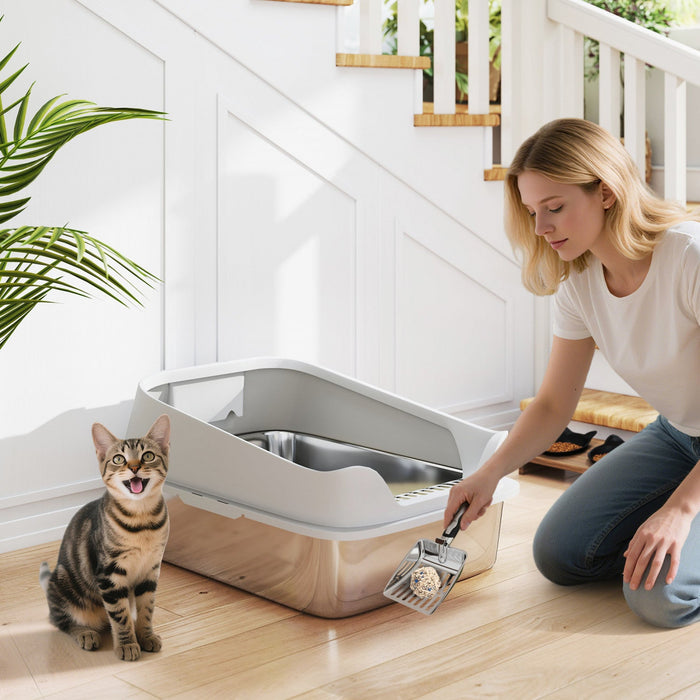 PawHut Cat Litter Box Stainless Steel, High Sided with Metal Litter Scoop, Never Absorbs Odors, Anti Leakage & Easy to Clean, 24" x 16" x 12", Grey