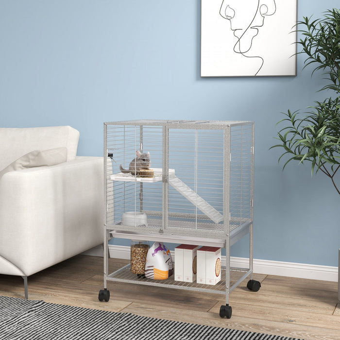 Pawhut Small Animal Cage With Wheels, Pet Playpen For Rat, Kitten, Ferrets, Chinchillas With Bottom 