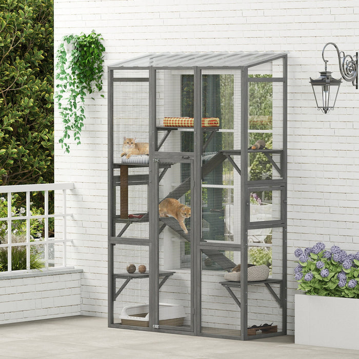 PawHut Catio Outdoor Cat Enclosure, Large Wooden Cat House with 6 Platforms, Scratching Post, 2 Ramps, Waterproof Roof, Walk-in Kitty Cage for 2–3 Kittens, 64" x 24" x 99", Grey