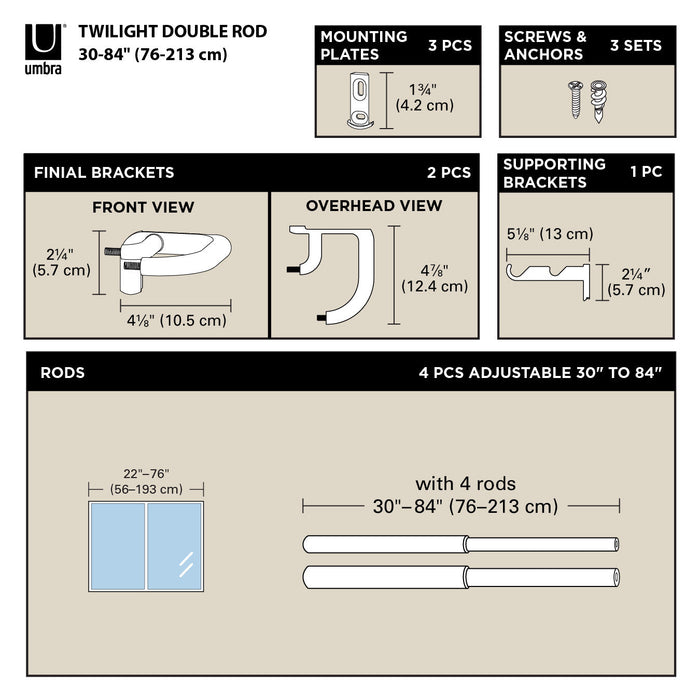 Umbra Twilight Matte Nickel Expandable Double Blackout 3/4\" Curtain Rod - 30\"-84\" 