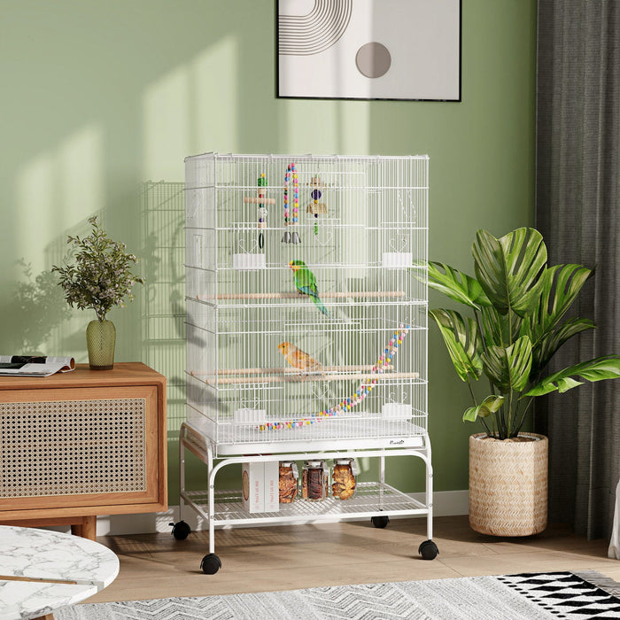Pawhut 43" Bird Cage For Budgies Cockatiels Canaries Lovebirds Finches With Rolling Stand, Toys, Removable Tray, Storage Shelf, White