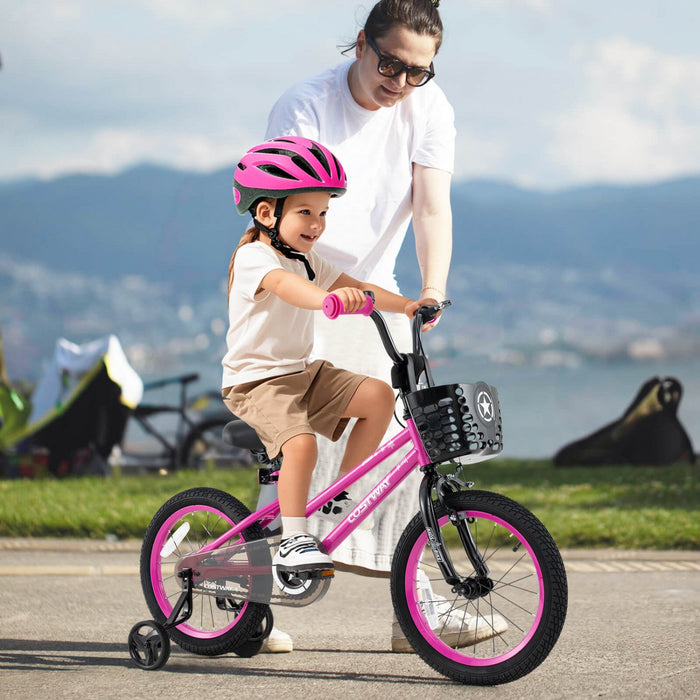 Costway 16" Kid's Bike With Training Wheels Adjustable Handlebar & Seat Handbrake Pink
