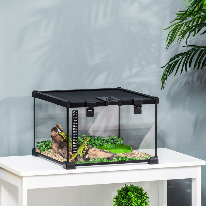 PawHut Glass Reptile Terrarium, 12"x12"x8" Jumping Spider Enclosure with Thermometer, Water Basin, Full View Visually for Lizards, Horned Frogs, Snakes, Spiders - Black