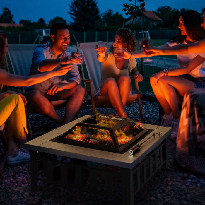 Outsunny 34\" Outdoor Square Firepit Steel Stove Portable With Spark Screen Cover Log Grate Poker And