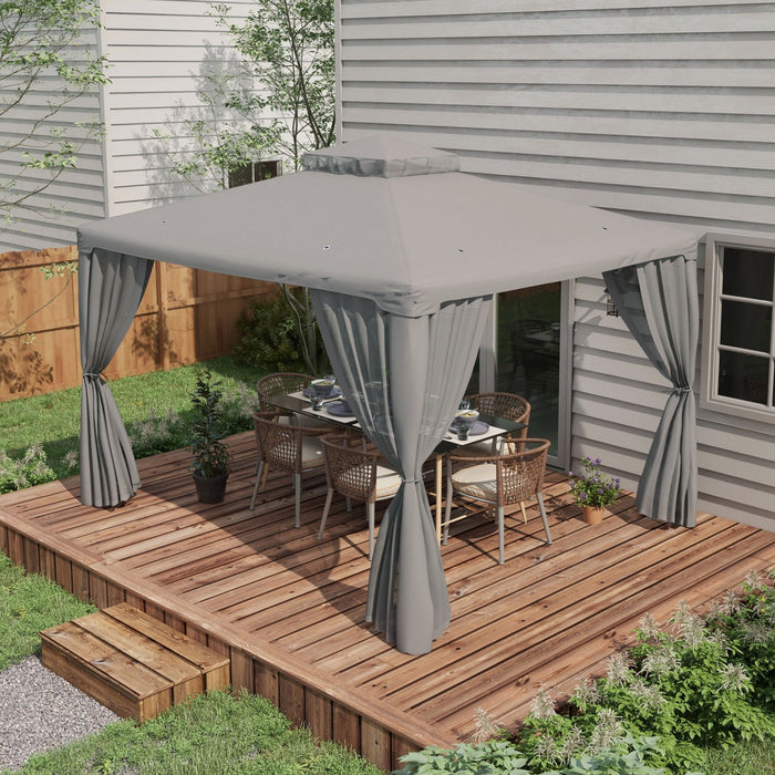12' Outdoor Patio Gazebo Pavilion Canopy Tent With Netting, Light Grey