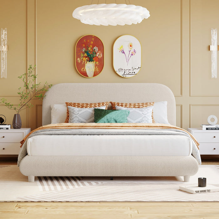 Sophie Teddy Fleece Upholstered Platform Bed with Soft Fabric and Sturdy Frame,Queen Size,Beige Queen Bed  