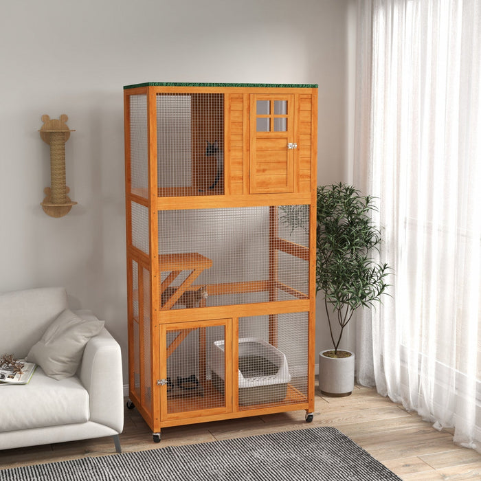 Pawhut 74\" Wooden Outdoor Cat House Weatherproof & Wheeled, Catio Outdoor Cat Enclosure With High We