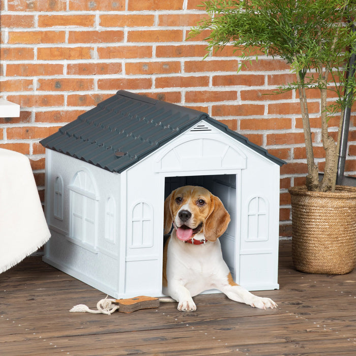Pawhut 26" Plastic Dog House Outdoor, Waterproof Dog Kennel With Air Vents, Pet Shelter For Small Medium Dogs, Grey