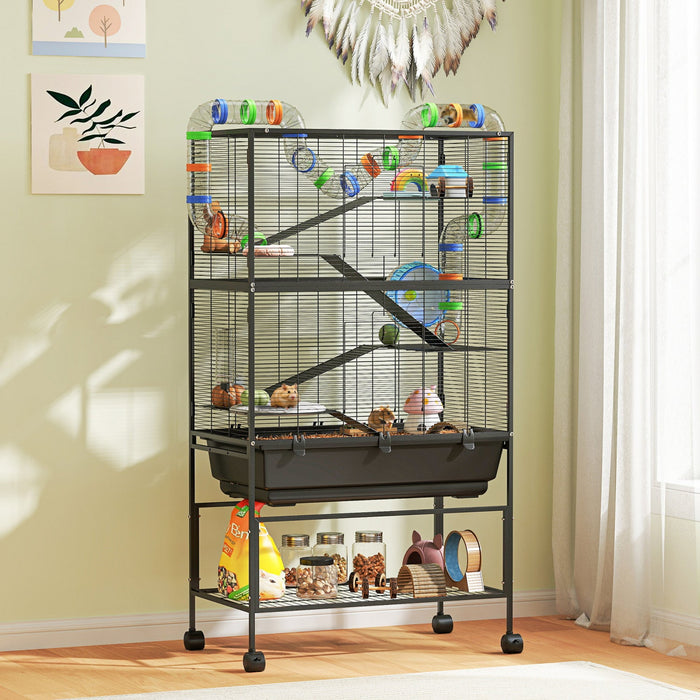 Pawhut Large Hamster Cage With 7" Deep Tray, 5 Tier Rolling Gerbil Cage With Storage Shelf, Big Exercise Wheel, Tube System, Hut, Platforms, Ramps, For Syrian, Gerbil, Rat