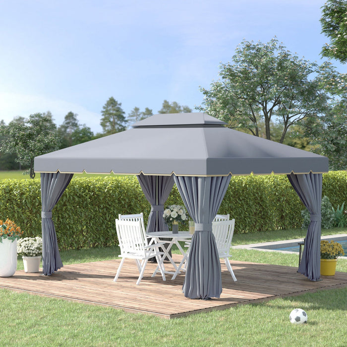 Outsunny 13' X 10' Outdoor Patio Gazebo Canopy With 2-tier Polyester Roof, Vented Mesh Sidewall & St
