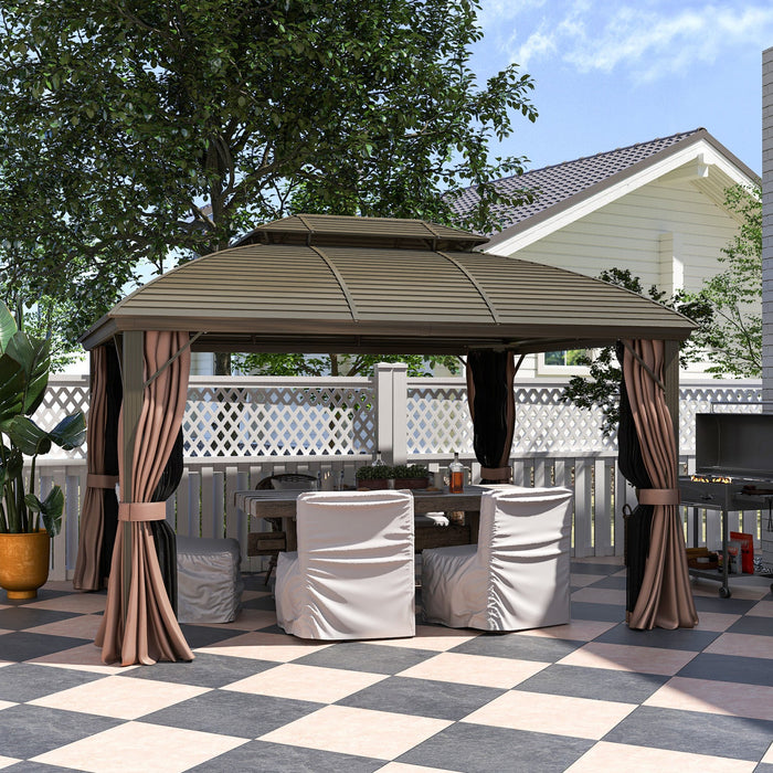 Outsunny 10' X 12' Metal Roof Hardtop Gazebo W/ Curtains & Netting, Coffee