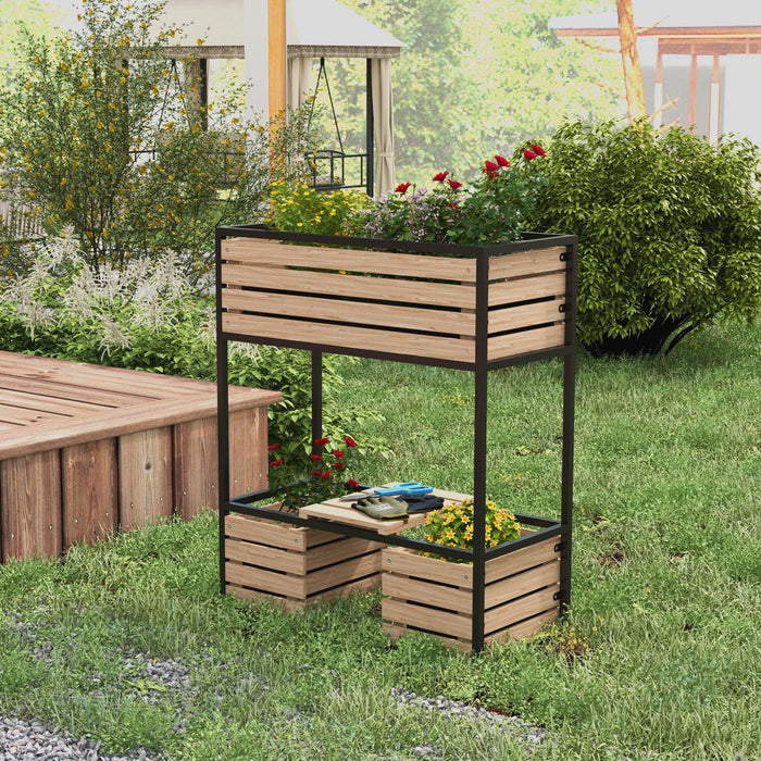 Outsunny 2-tier Raised Garden Bed, Elevated Planter Box With Storage Shelf, Wood Plant Stand For Flo