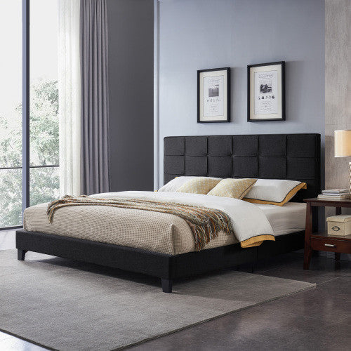 Lucia Upholstered Platform Bed Frame With Tufted Waffle Stitching,king Size,black King Bed 