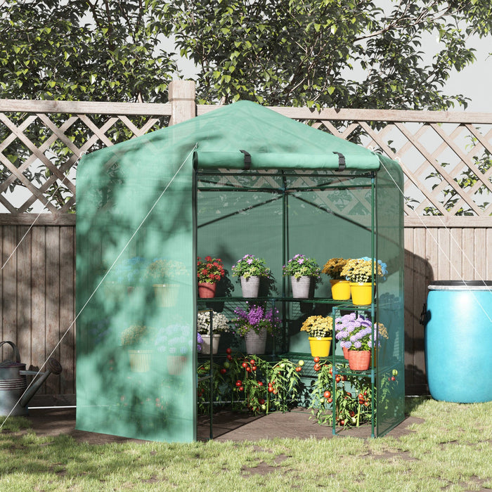Outsunny 7.5' X 6.5' Walk-in Greenhouse With 3-tier Shelves, Hexagonal Portable Green House With Rol