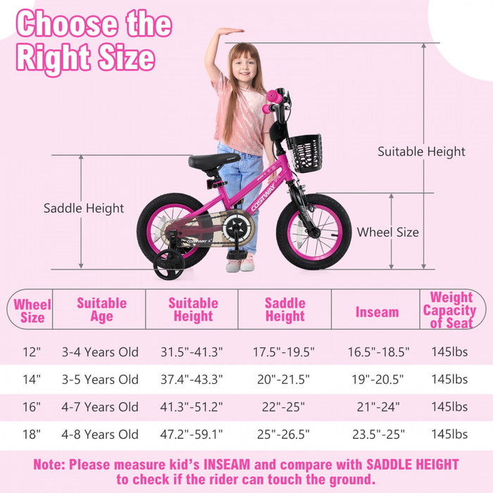 Costway 14" Kid's Bike With Training Wheels Adjustable Handlebar & Seat Handbrake Pink