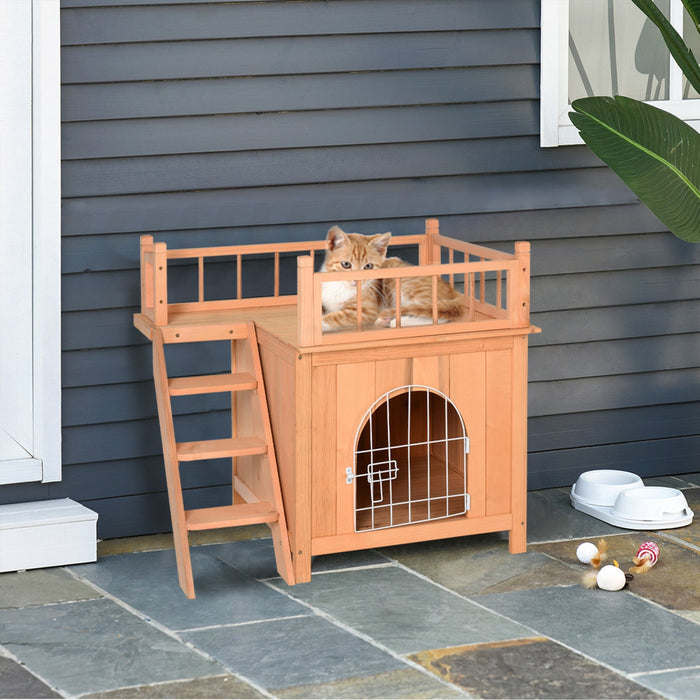 Pawhut 2-story Pet House For Cats Miniature Sized Dogs, Wooden Kitten Shelter With Enclosure, Balcon