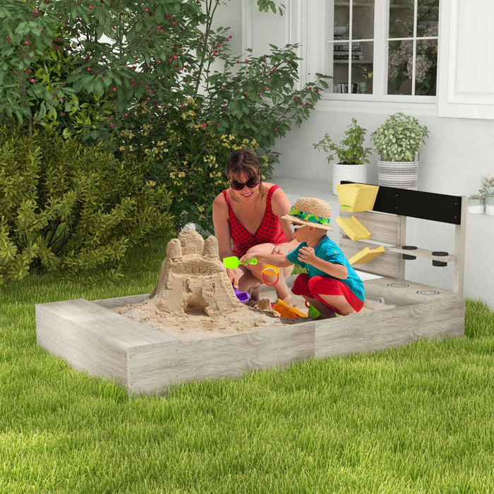 Kids Sandbox With Liner, Outdoor Wooden Sandpit Children Play Station With Kitchen Design, Sink, Pla