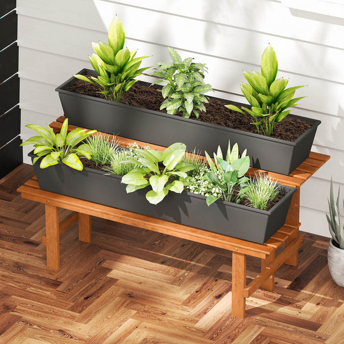 Costway 2 Tier Wood Plant Stand With Teak Oil Finish Indoor & Outdoor Flower Pot Holder