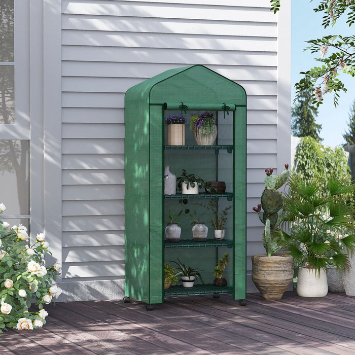 Outsunny 27\" X 20\" X 65\" Portable Greenhouse With 4 Tier Shelves And Wheels, Outdoor Hot House Plant