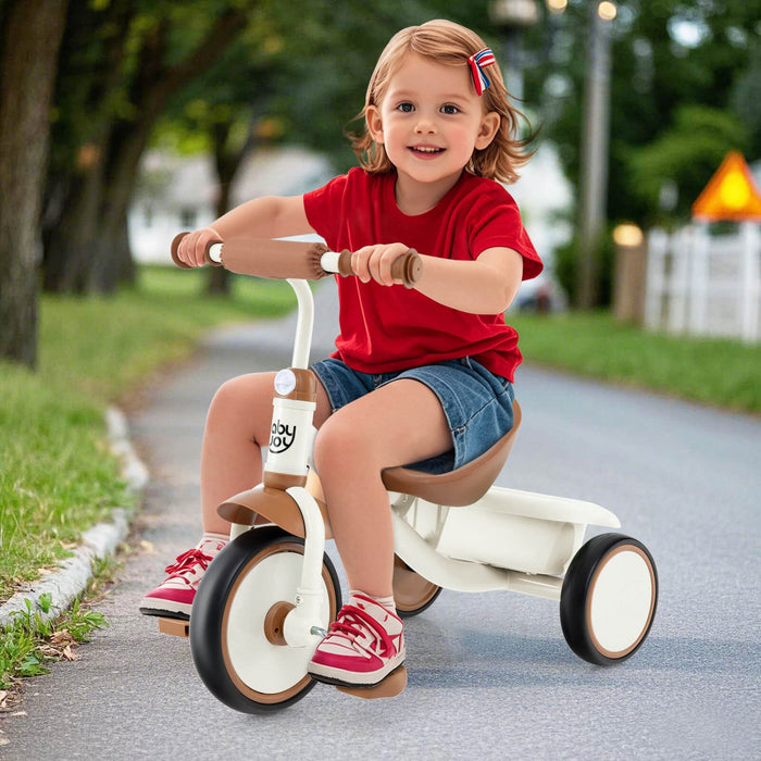 Babyjoy Kids Tricycle Toddler Trike With Adjustable Seat & Storage Basket 3 Wheel Bike Beige