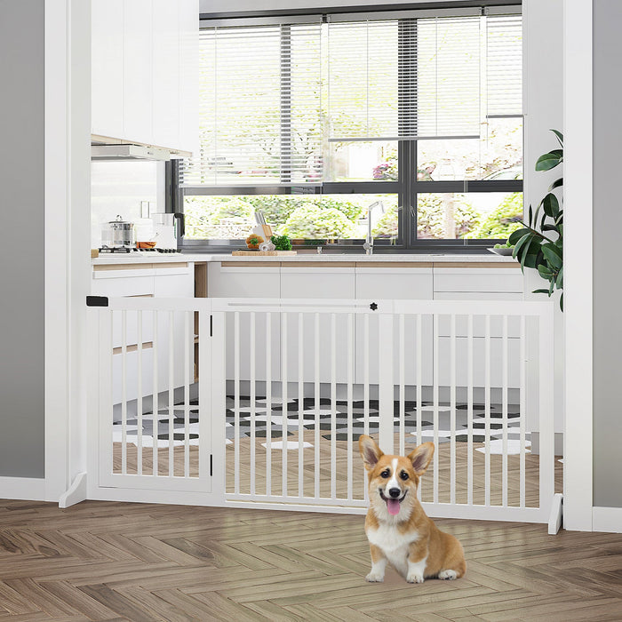 Pawhut Wooden Dog Gate, Freestanding Pet Fence For Stair, Doorway, 3 Panels W/ Door, Support Feet Fo