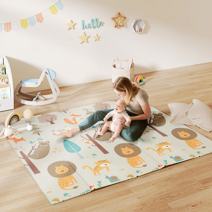 Qaba Baby Play Mat 77" X 69", Extra Large Double Sided Foldable Crawling Mat For Babies And Toddlers, Reversible & Waterproof Foam Floor Pad For Infants, Animal Theme