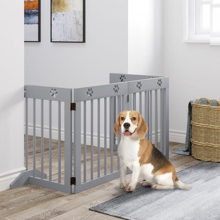 Pawhut Freestanding Pet Gate 4 Panel Wooden Dog Barrier Folding Safety Fence With Support Feet Up To