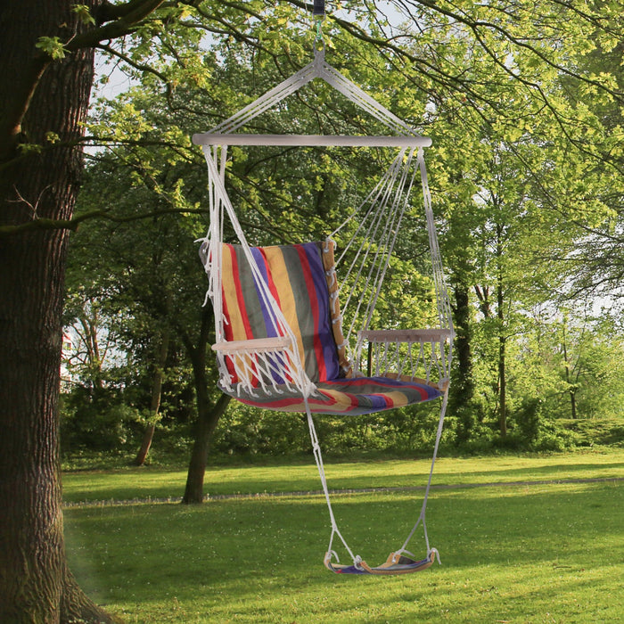 Outsunny Patio Hammock Chair, Portable Hanging Cotton Rope Hammock Swing Chair Sleeping Bed Seat Wit