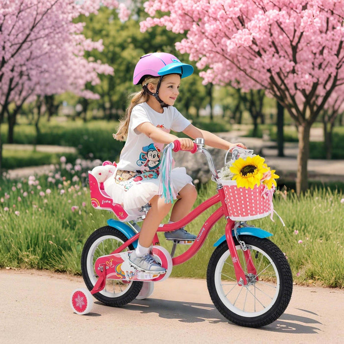 Costway 14 Inch Kids Bike With Basket Doll Seat & Colorful Streamers 2 Training Wheels Pink